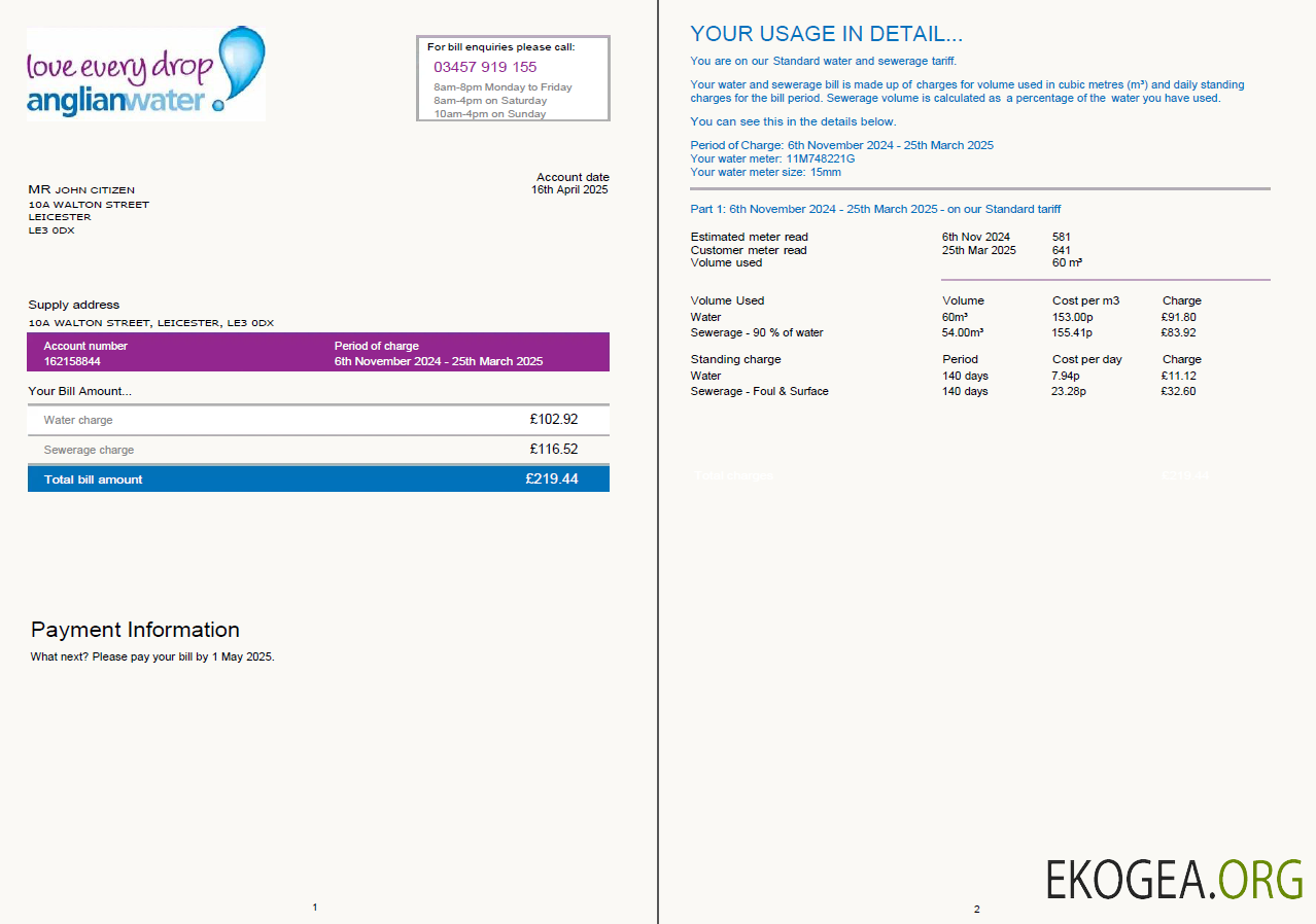 United Kingdom Anglian Water utility bill template in Word and PDF formats, 2 pages